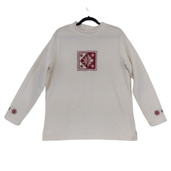 Croft & Barrow Women's Fleece Top Size Medium Cream Red Long Sleeves Snow Flakes - Picture 1 of 9